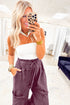 Mineral Wash Lace Up High Waist Patch Pocket Raw Hem Wide Leg Pants